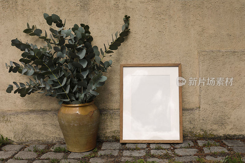 空白的木制相框模型对老赭石纹理的白色墙壁。A4、A3、A2海报模板。复古花瓶，装有桉树树枝的花盆。中性夏季背景，地中海设计。