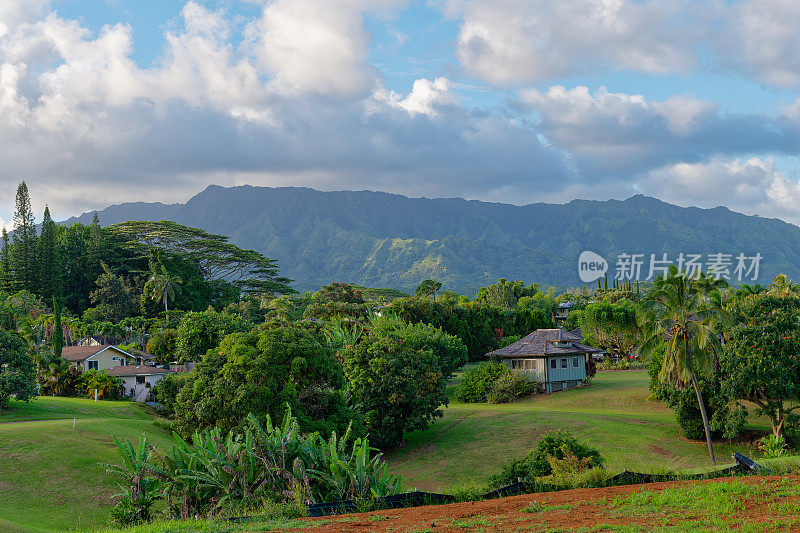 美国夏威夷，怀卢阿河沿岸考艾岛东侧的怀卢阿建筑群周围的房屋和景观