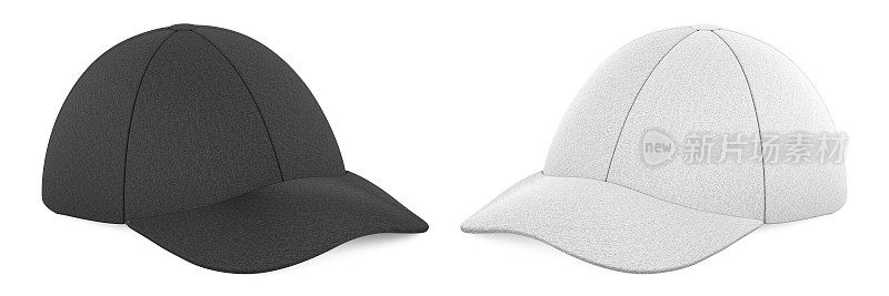 棒球帽，黑色和白色的。三维渲染
