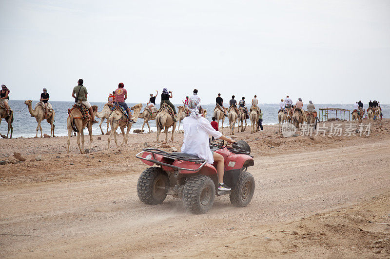在沙漠中乘坐亚视的游客，在埃及沙姆沙伊赫驾驶四轮摩托车的人们
