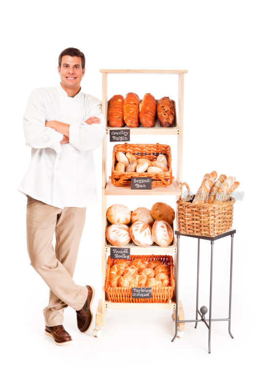 小企业当地面包店面包店老板在白色的背景