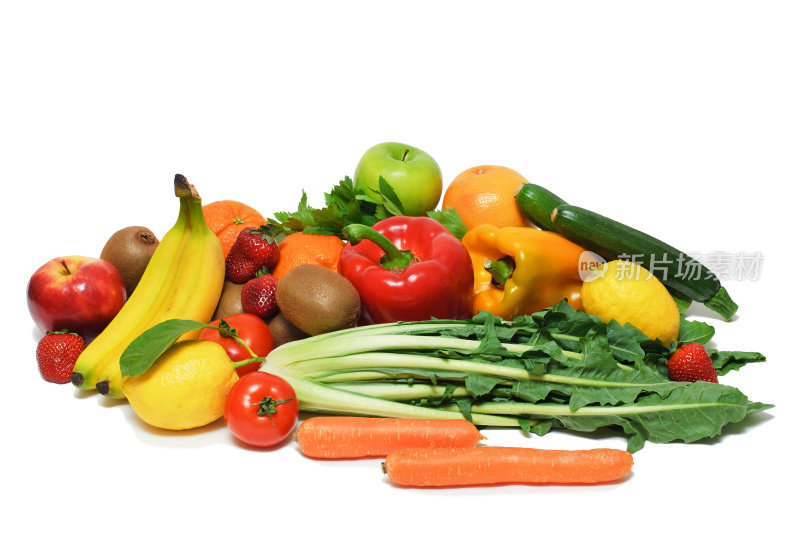 白色背景上一堆各种水果和蔬菜