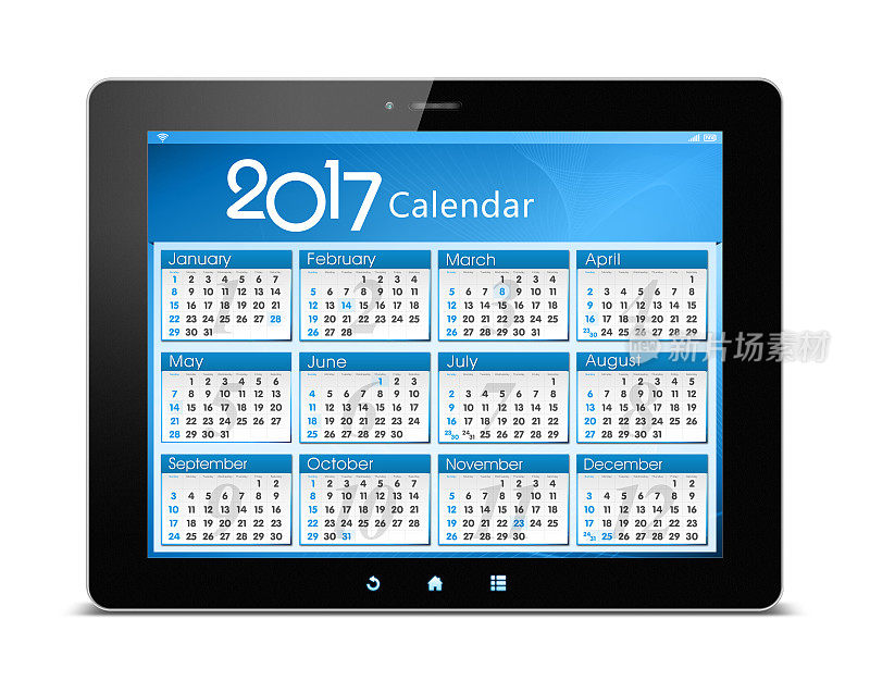2017年的日历对数字平板电脑隔离