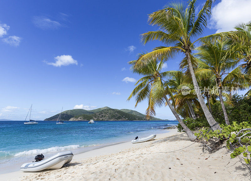 美丽的加勒比海海湾宁静的海岸，停泊着帆船和棕榈树