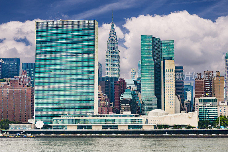 纽约天际线，联合国大厦和克莱斯勒大厦，