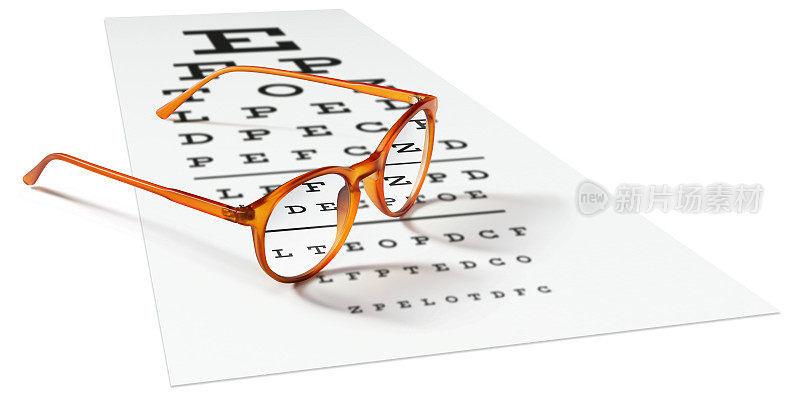 橙色眼镜在视觉测试表上孤立在白色。视力的概念
