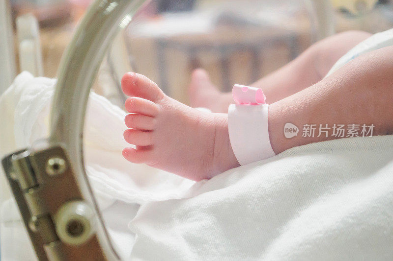 新生女婴在医院保育器内佩戴识别手环，并贴上姓名标签