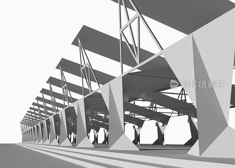 开放式建筑结构的黑白3D渲染。现代建筑，如机库、车库或火车站。