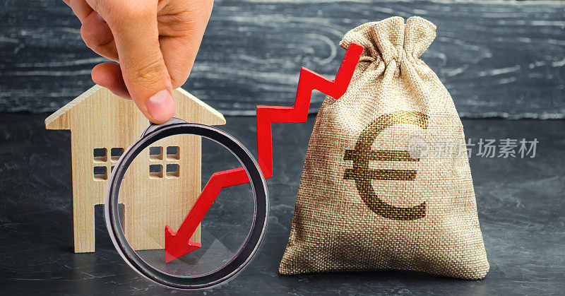 袋子上有欧元标志，房子和向下箭头。房地产市场下跌的概念。降低抵押贷款的利息。房地产价格的下跌。抵押贷款利率低。需求减少