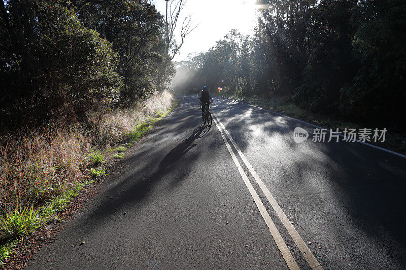 一个女人在晨雾中骑着自行车走在空旷的路上