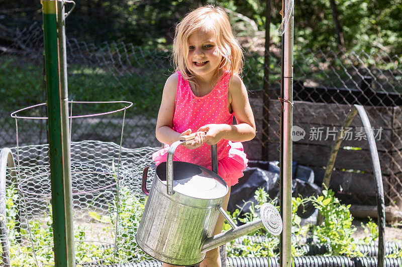 小女孩给花园浇水