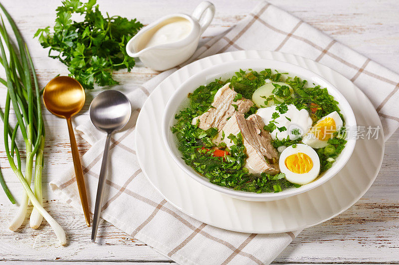 乌克兰绿罗宋汤，新鲜酸模，欧芹，葱和猪排骨，肉汤和煮鸡蛋