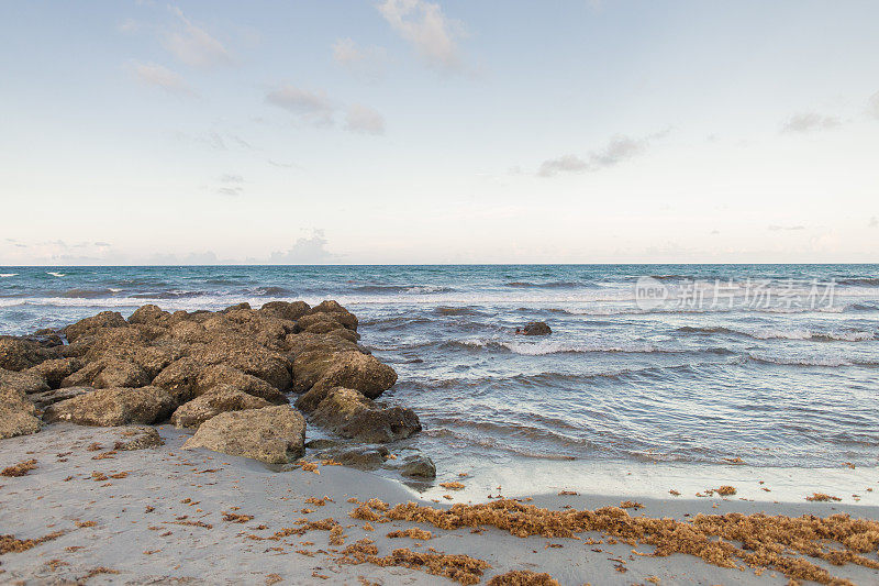 蓝绿色海滩波浪在岩石海岸线在博卡拉顿，佛罗里达