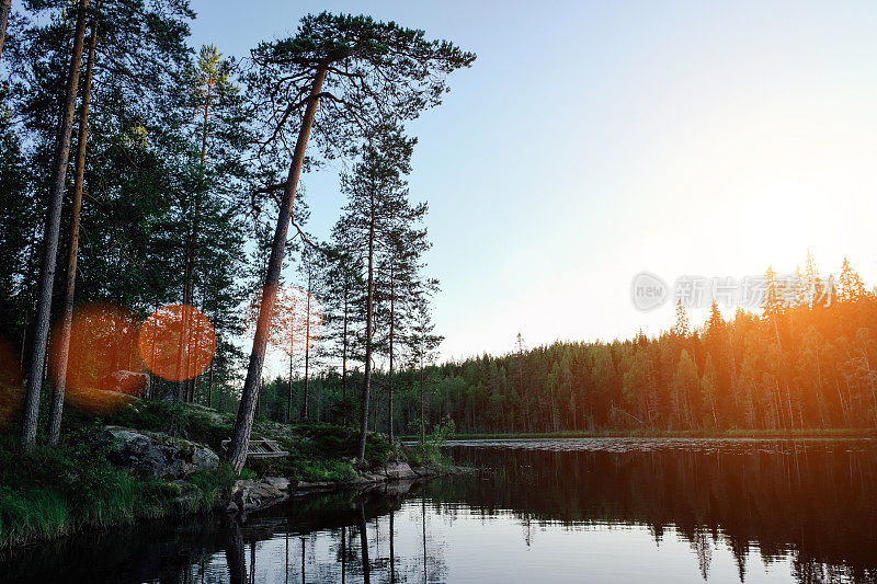 芬兰湖自然美丽的日落