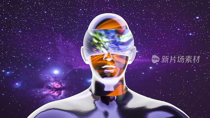 一个戴着VR面具的人的化身，在紫色的星空下