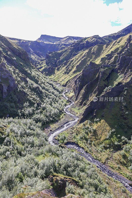 河流在山谷中流淌，冰岛高地