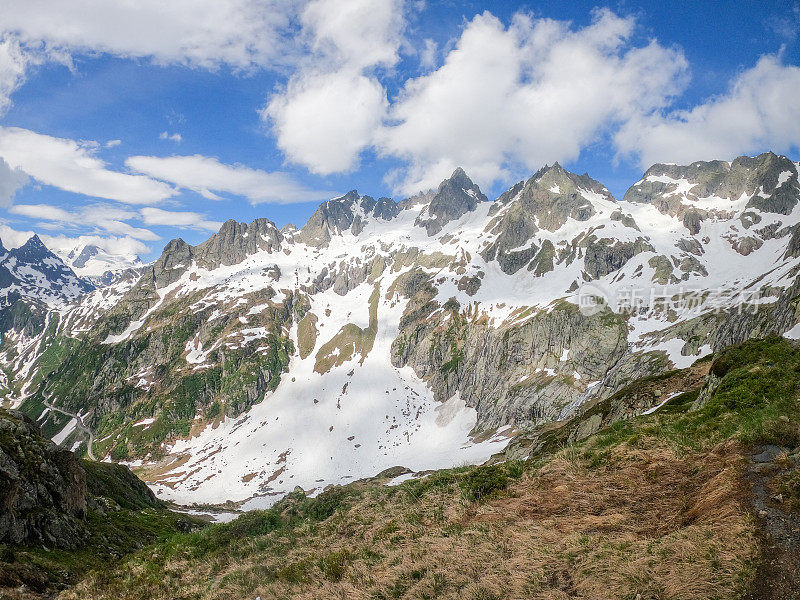 夏天的瑞士阿尔卑斯山，一片片的雪