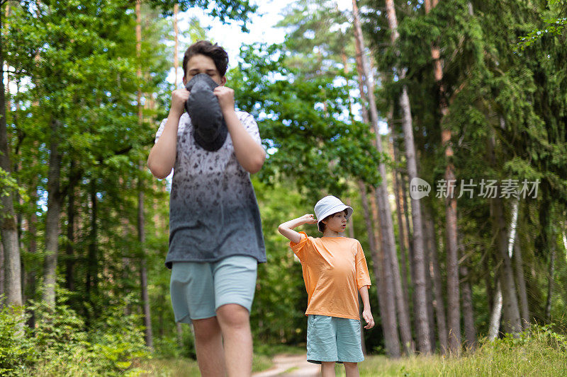 小男孩们在森林里散步