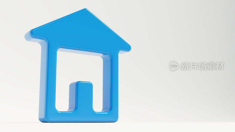 蓝色的房子图标在孤立的阶段，购房主题的3d渲染