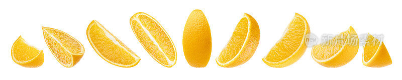 多汁的橙子收藏。切成四分之一的水果特写，不同的侧面，孤立在白色的背景上，工作室。热带新鲜柑橘类水果-广告，卡片，海报的设计元素。