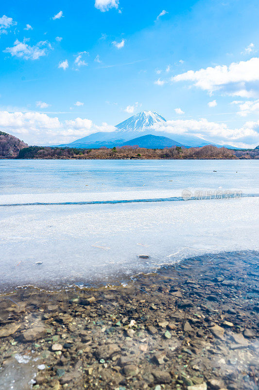 冬天的富士山在正二湖的景色，湖已经结冰了。Shoji湖是富士五湖之一