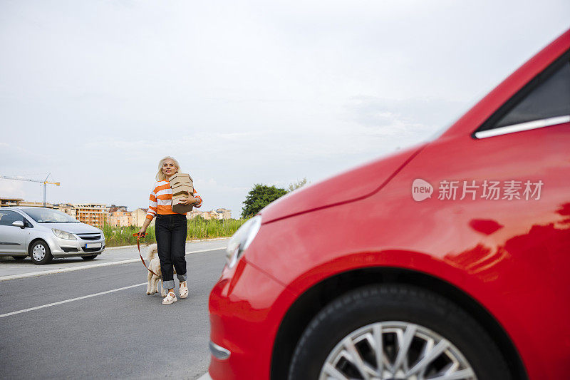 买完东西回来的女人，拎着箱子走向汽车