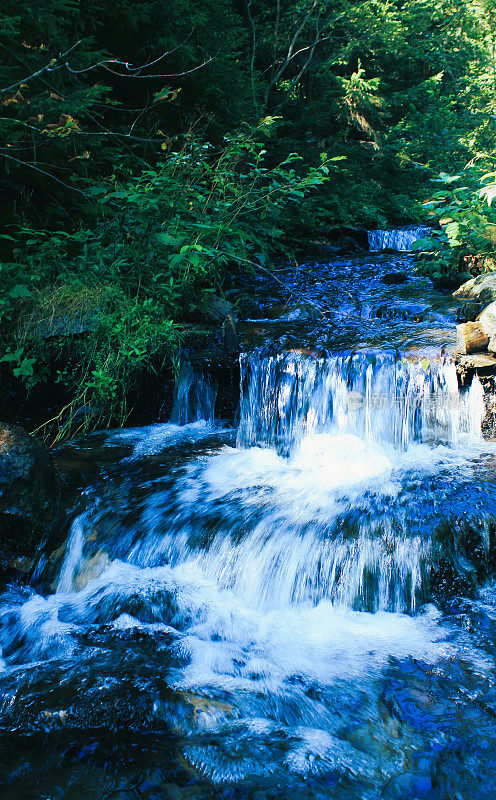 流蓝色的水在小梯级瀑布在山溪