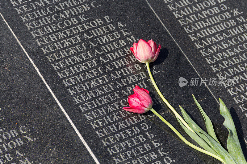 郁金香放在纪念盘上，上面写着遇难者的名字。卫国战争士兵的方尖碑。纪念第二次世界大战死难者的纪念碑
