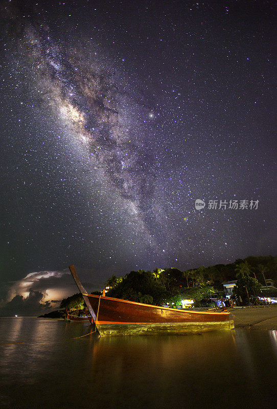 泰国南部沙敦省利比岛的银河。长曝光照片，有纹理。图像包含一定的颗粒或噪点和柔焦。