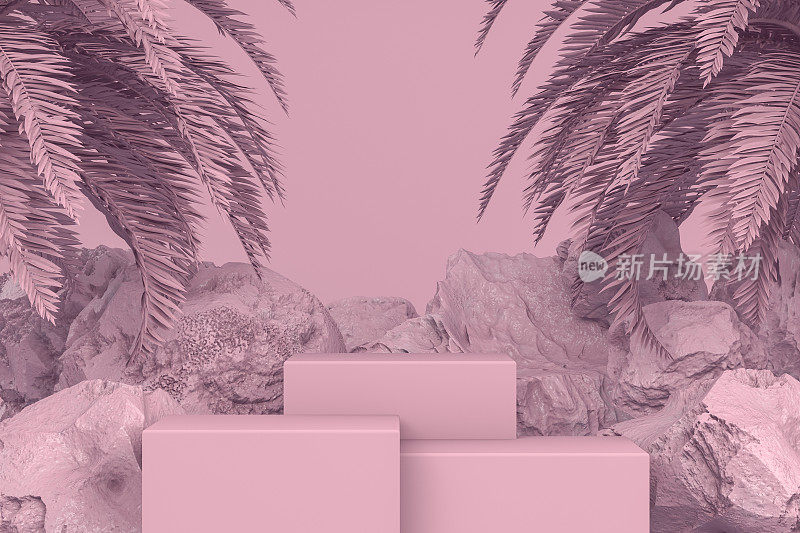 3D空粉色产品站，平台，讲台与棕榈叶和岩石