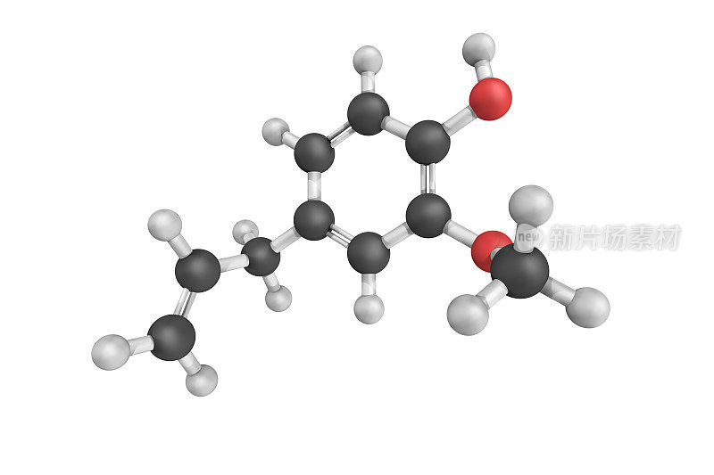 丁香酚，苯基丙烯，烯丙基链取代愈创木酚的三维结构。苯丙化合物苯丙类化合物的一员无色至淡黄色油性液体