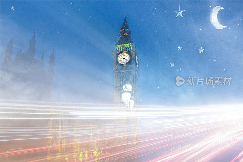 卡通模式的伦敦大本钟和汽车灯