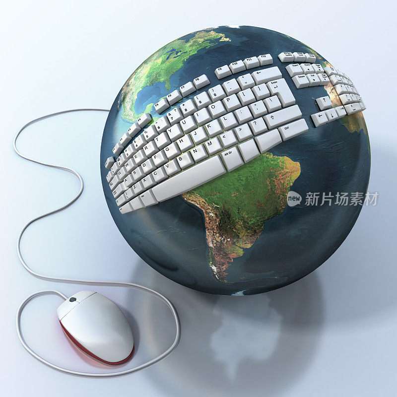 世界地球仪包裹着键盘，附在鼠标上