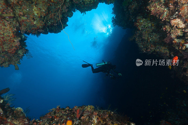 探索深海，洞穴潜水员离开洞穴，阿洛，印度尼西亚