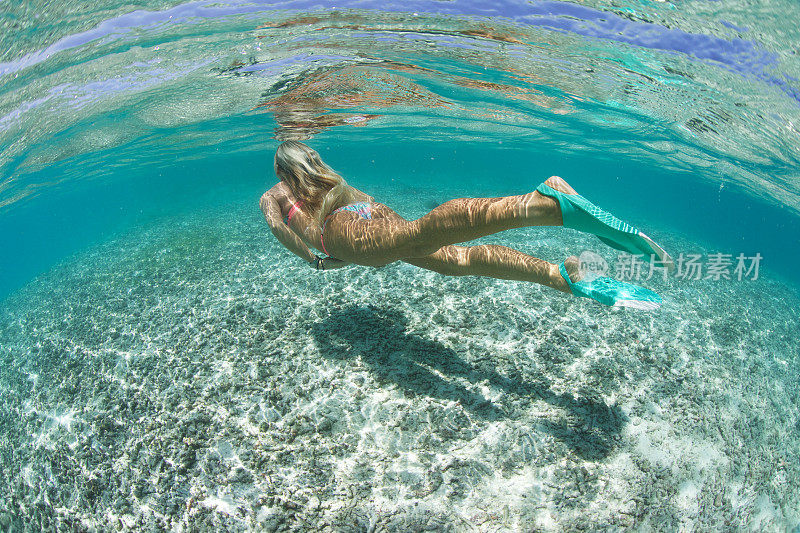 女孩游泳过去在一个清澈的水热带泻湖