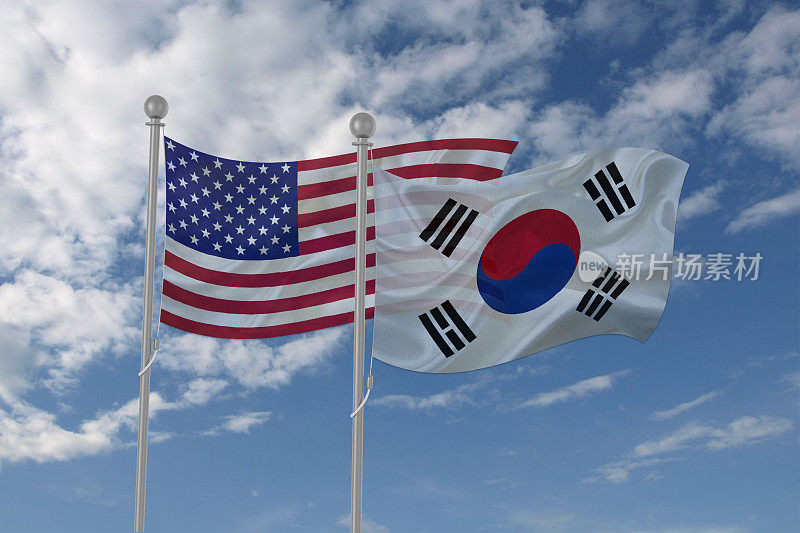 美国和韩国的国旗在天空中飘扬