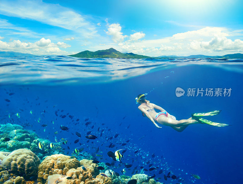 一个女人在珊瑚礁周围游泳，周围有许多鱼。