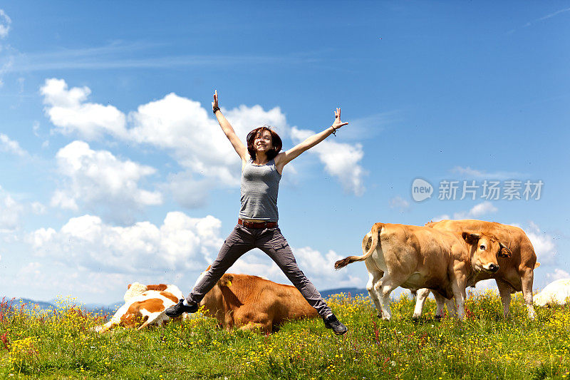 美丽的女人在牛群之间跳跃