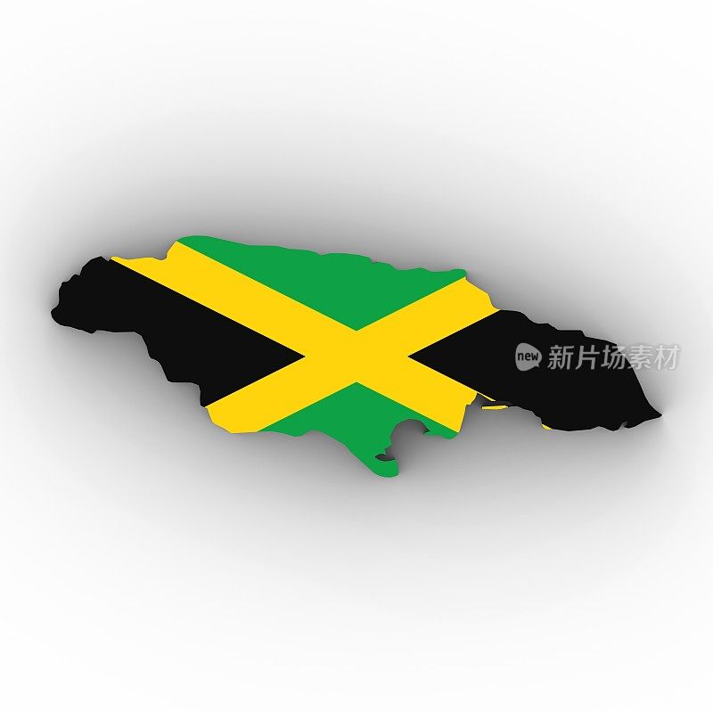 牙买加地图轮廓与牙买加国旗在白色与阴影3D插图