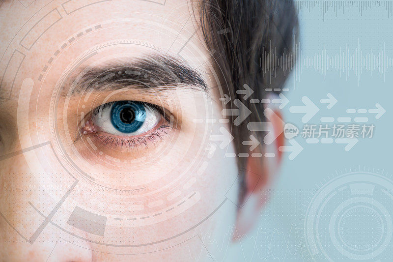 年轻人的眼睛和技术概念，智能隐形眼镜显示，虹膜验证，可穿戴计算，抽象图像视觉