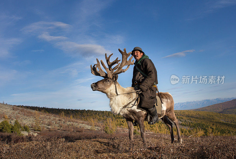 骑着驯鹿的蒙古老人。