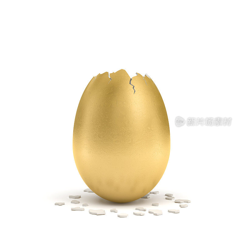 一个大的金蛋的3d渲染，一个破裂的尖顶和小的蛋壳碎片躺在白色的背景