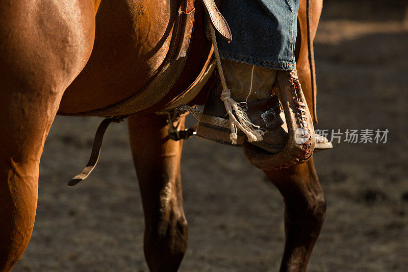 清晨阳光下的牛仔靴和马镫