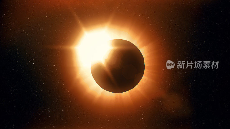 完整的日食。月球几乎覆盖了可见的太阳，形成了钻石戒指的效果。这个天文现象可以被看作是世界末日的标志