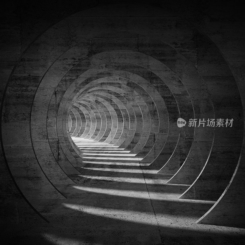 空旷黑暗的混凝土隧道内部与透视3d
