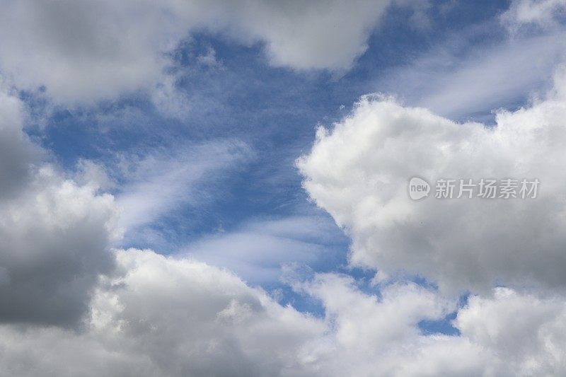 云景与蓬松的白云在阴天，蓝天