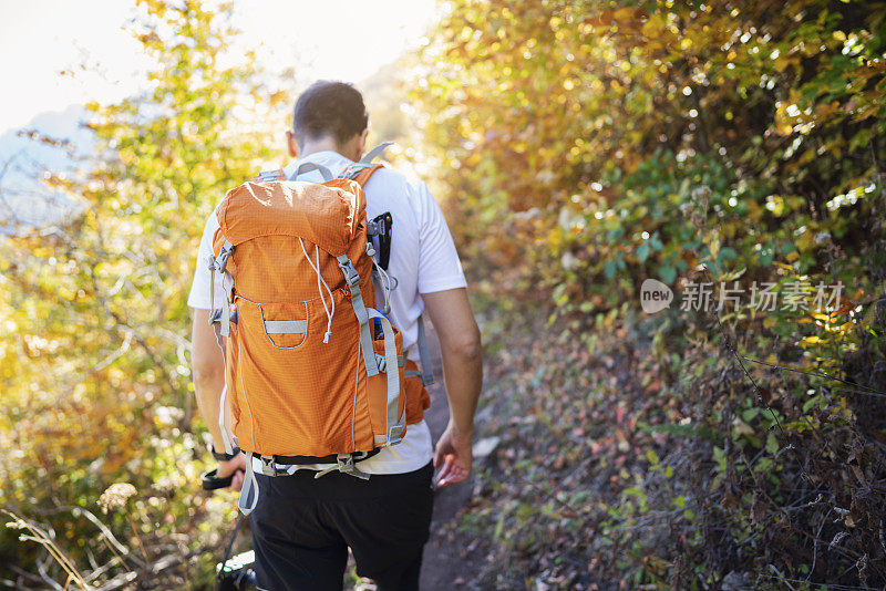 一个背着背包的男人，背着他的相机在一个秋天的一天徒步旅行