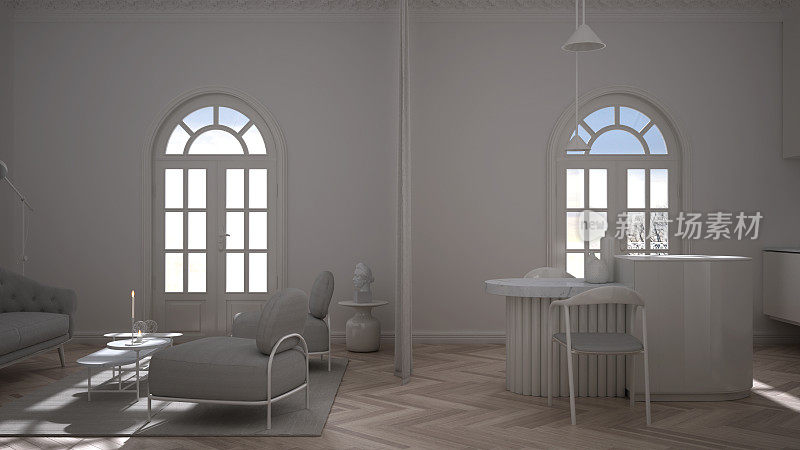 豪华休息室，客厅和厨房在经典的房间与灰泥模塑墙和拼花地板。岛上有椅子，扶手椅，咖啡桌和地毯。白色的室内设计