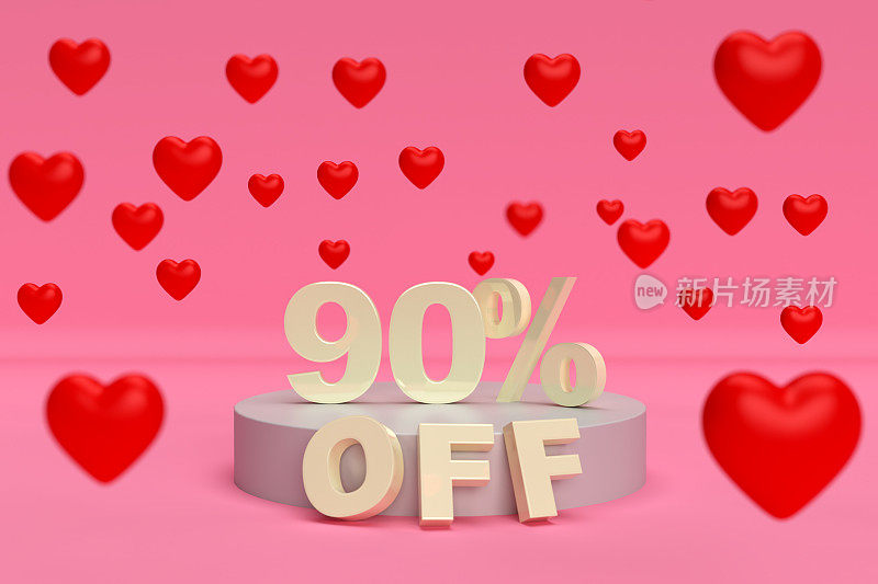 九折优惠-情人节销售3D插图。