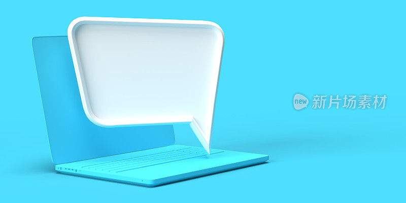 蓝绿色笔记本电脑上的白色3D语音气泡。Pc和便携式信息设备的应用